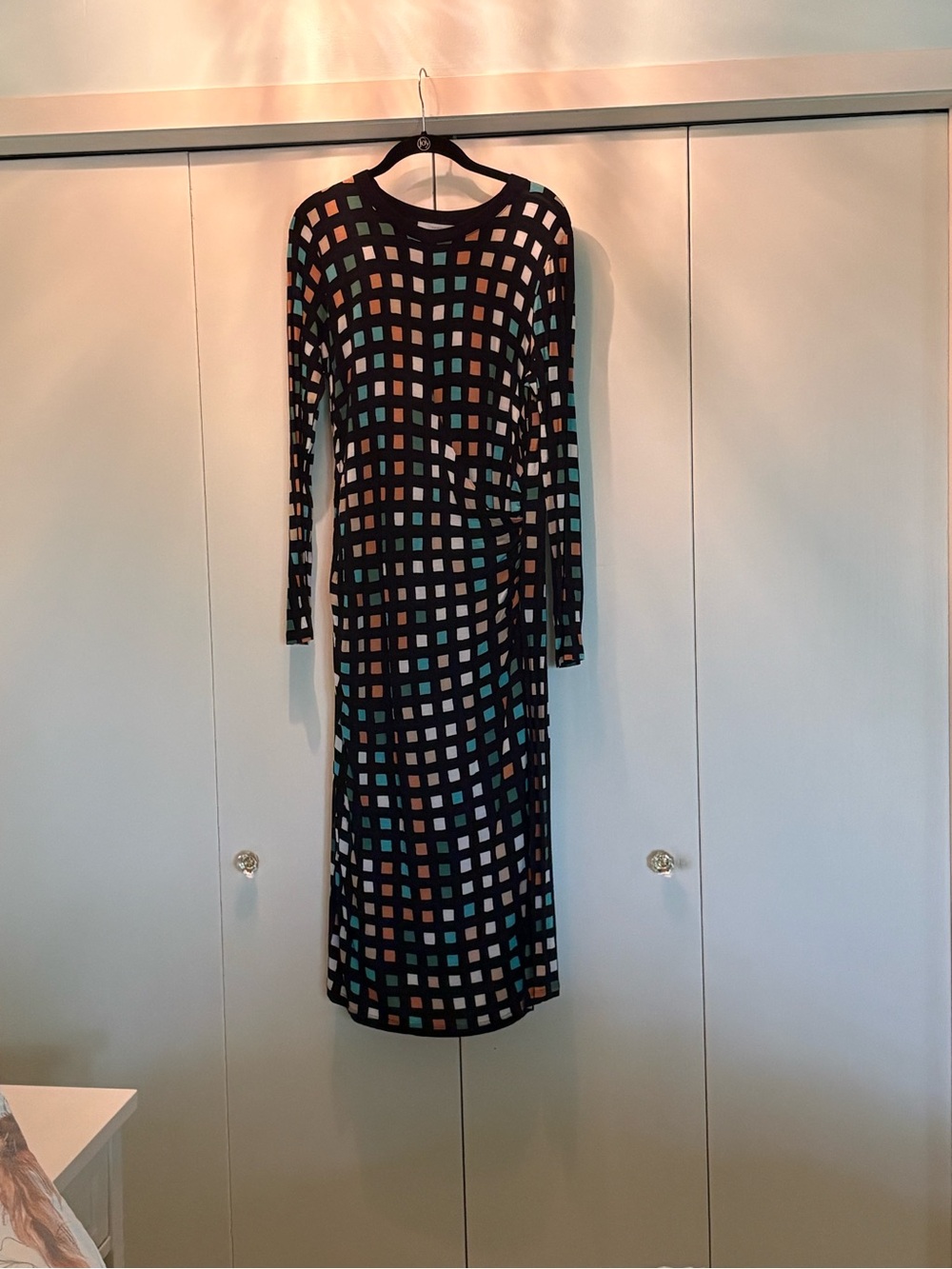 Boss Navy Long-Sleeve Midi Dress with Multicolor Square Print